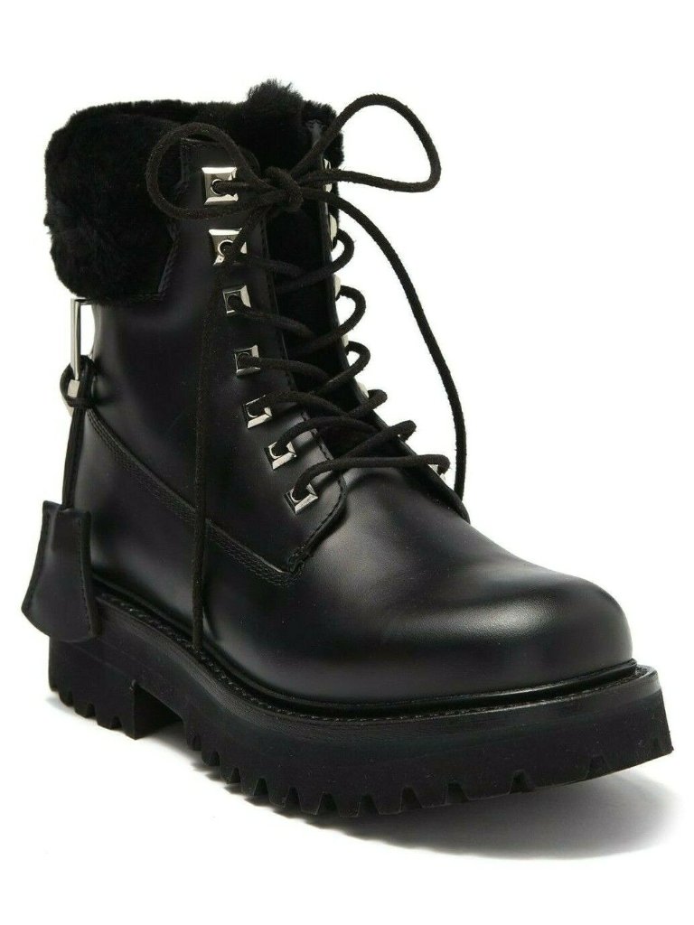 Buscemi Womens Fur Trim Leather Lace-Up Combat Boots Black Size 35, Us 5 - Italy